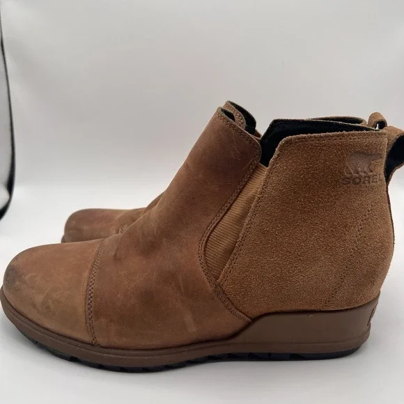 Sorel Womens Evie Boot Shoes II 10 Hidden Wedge Heel Brown Suede Chelsea Leather - Picture 2 of 8